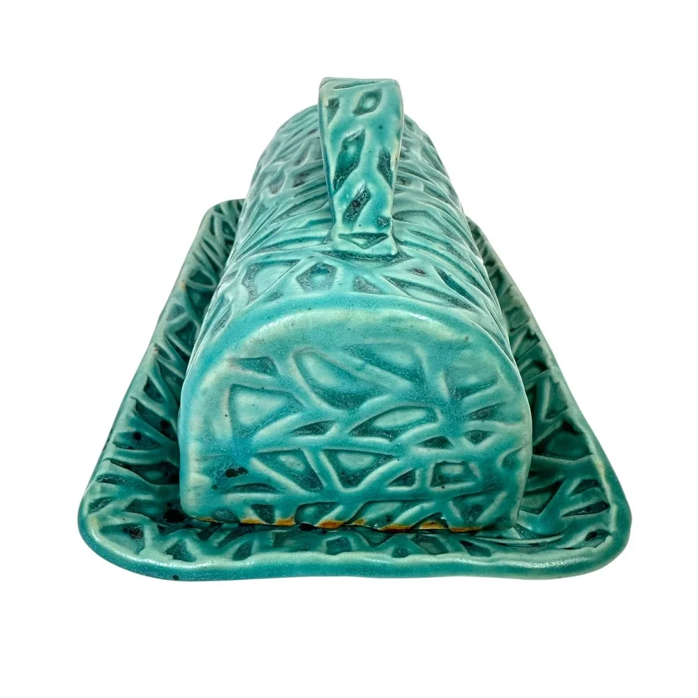 Studio‎ Pottery Butter Dish Handmade Geometric Textured Teal Blue MCM Sculptural